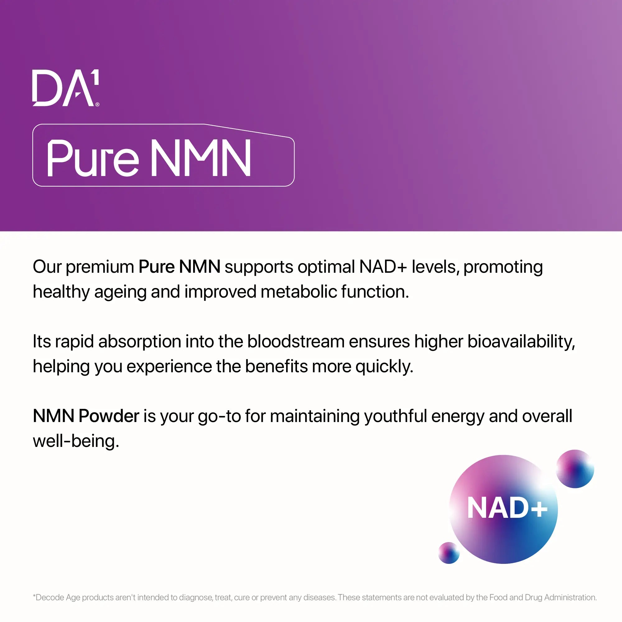 Boost NAD+, improve energy, brain, skin, muscle health with NMN Powder by Decode Age