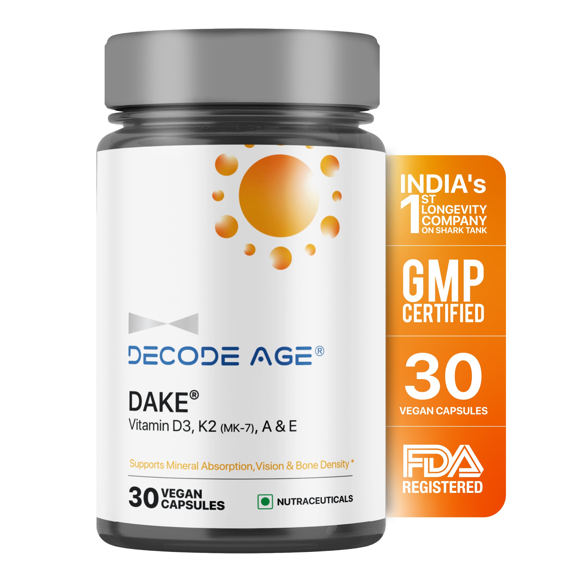 DAKE® | Vitamin D3, K2 (MK-7), A & E | 30 Capsules, Vegan