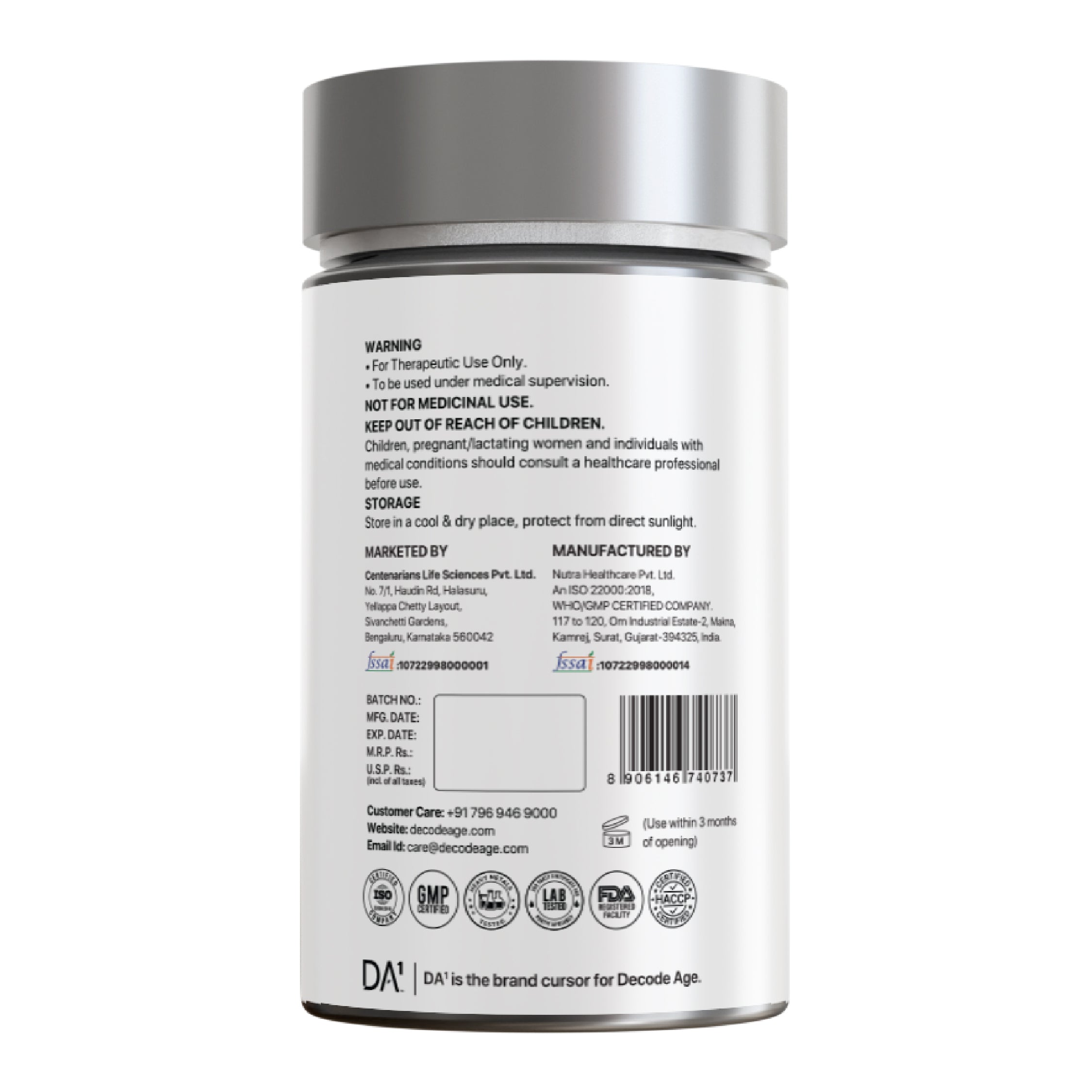 DA1 DAKE plant-based nutraceutical capsule bottle angled view – contains Vitamin A, D3, K2, and E for bone and immune support – Decode Age.