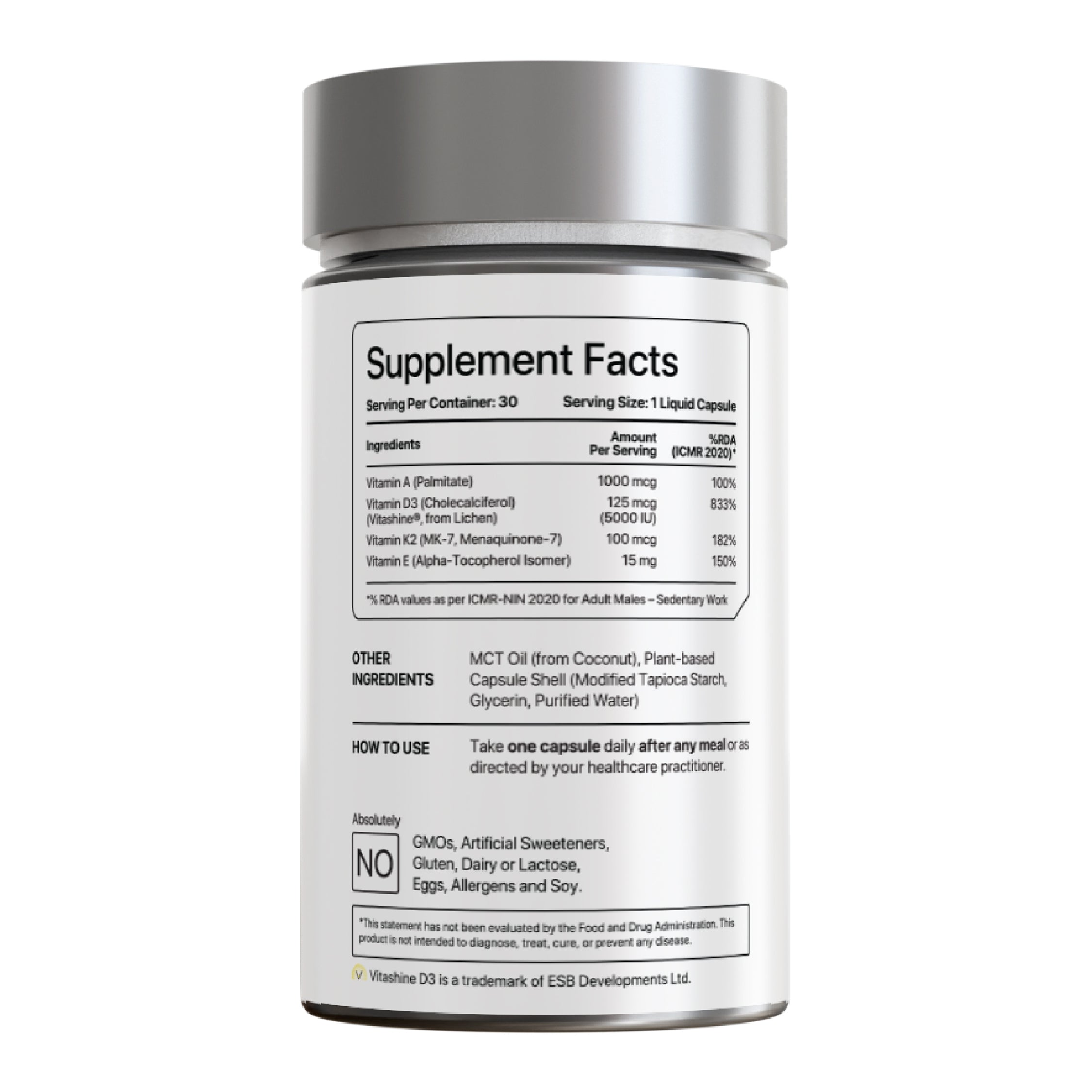 DA1 DAKE supplement facts label showing Vitamin A, D3 5000 IU, K2 MK-7 100 mcg, and E – ingredients and dosage details – Decode Age.