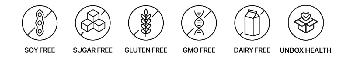 Icons representing dietary attributes: Soy Free, Sugar Free, Gluten Free, GMO Free, Dairy Free, and Vegan