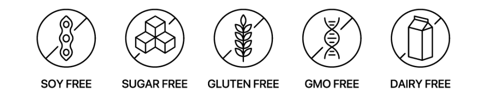 Icons representing dietary attributes: Soy Free, Sugar Free, Gluten Free, GMO Free, Dairy Free, and Vegan