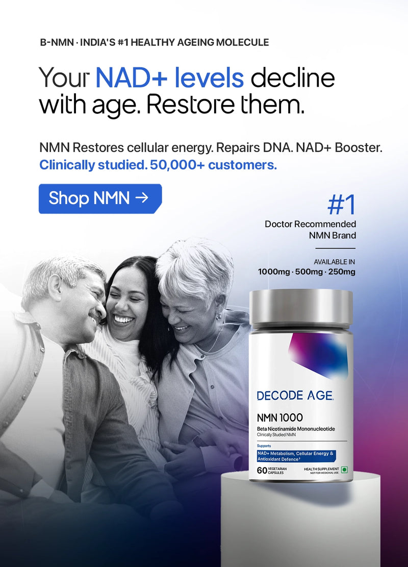 NMN supplement for NAD levels, cellular energy, healthy ageing and longevity support from Decode Age.