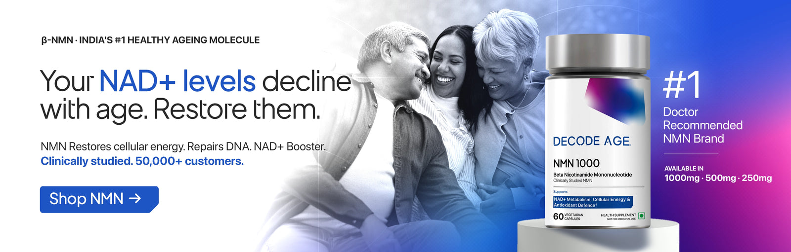 NMN supplement for NAD levels, cellular energy, healthy ageing and longevity support from Decode Age.